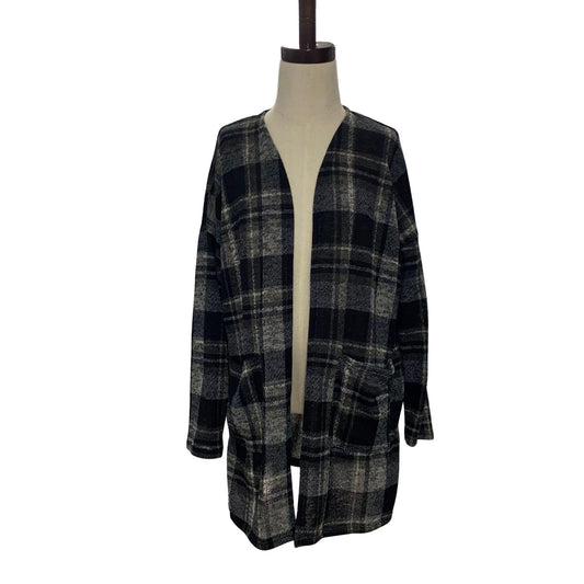 Black and Gray Tartan Print Cardigan