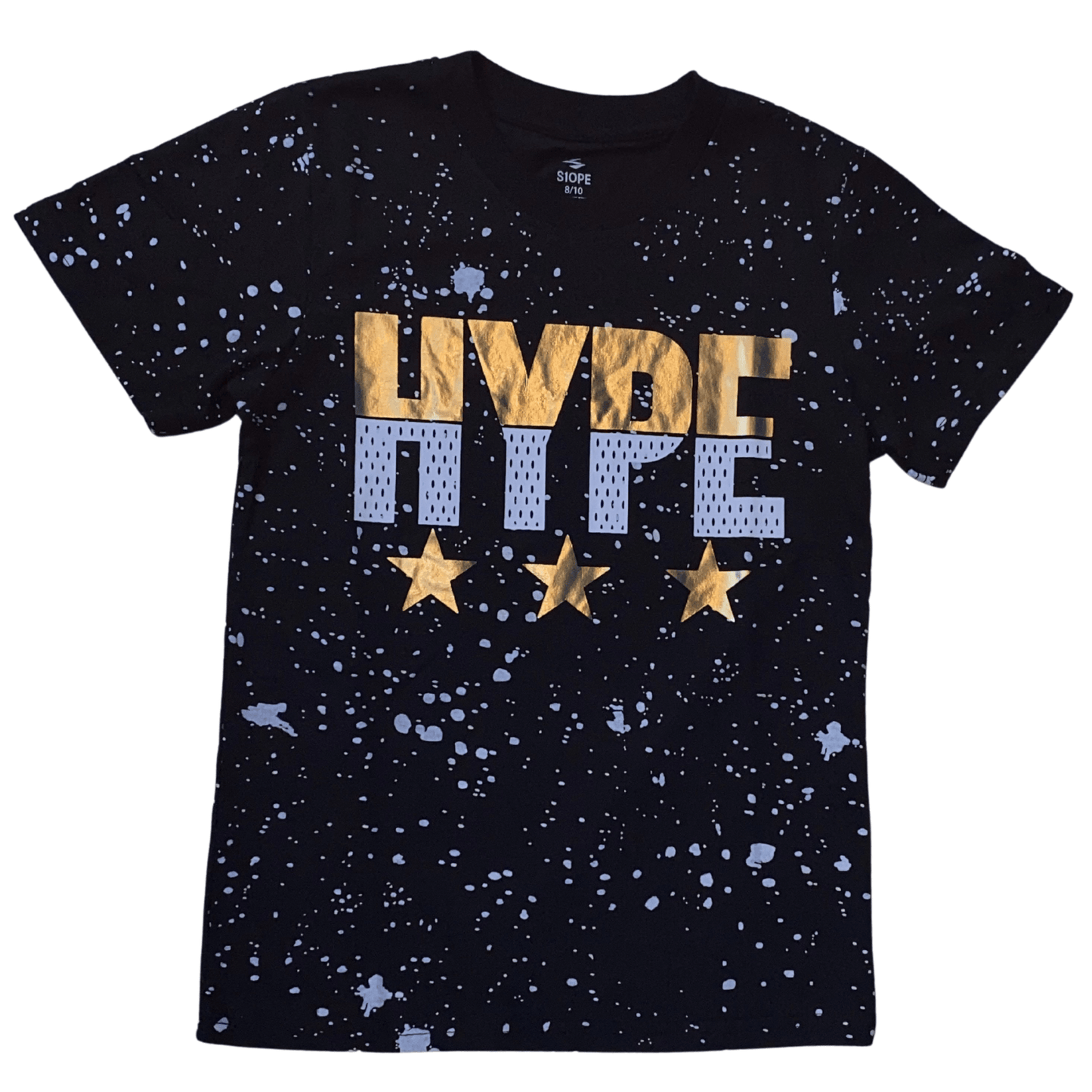 Stand out from the crowd in our Hype Splatter T-shirt. This black T-shirt has a white splatter design with gold foil screened lettering.