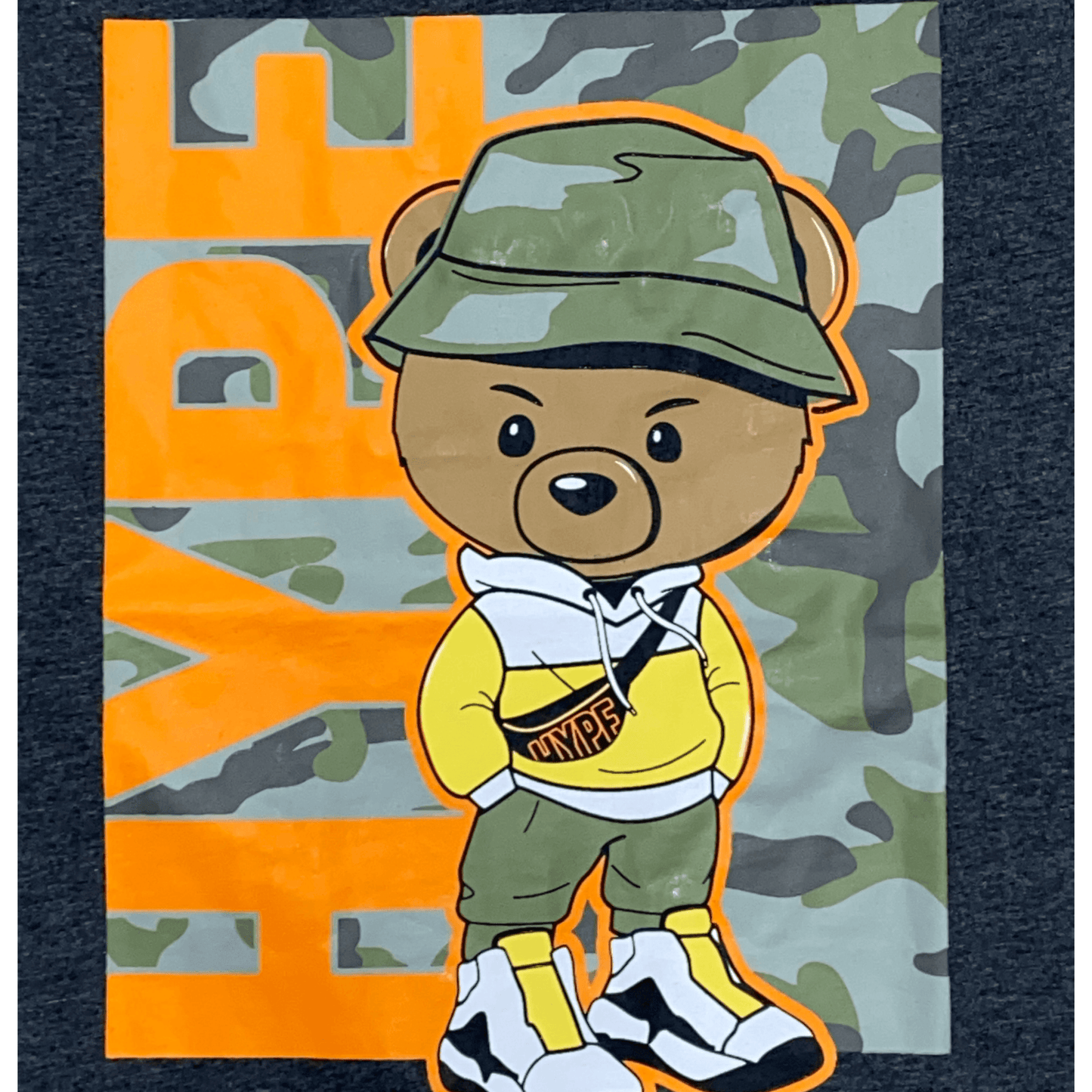 Show off your style with this stylish T-shirt. This charcoal T-shirt features a screen printed bear with a camouflage background.