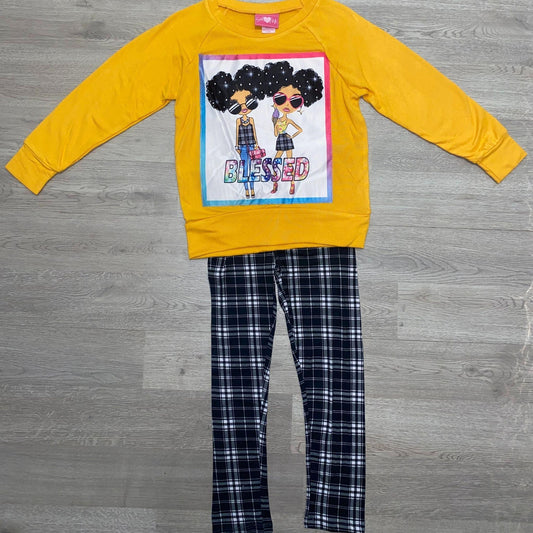Get ready for fall in this cozy legging set.  This set features a mustard colored top with a screen pressed "Blessed" design and black and white plaid leggings.