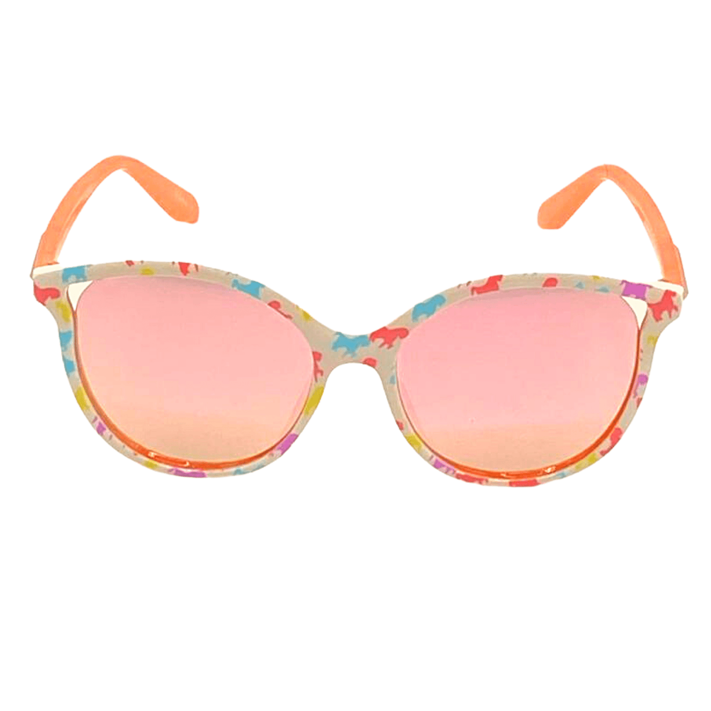 These round, full-framed, white and coral unicorn sunglasses are just what your princess needs for summer.