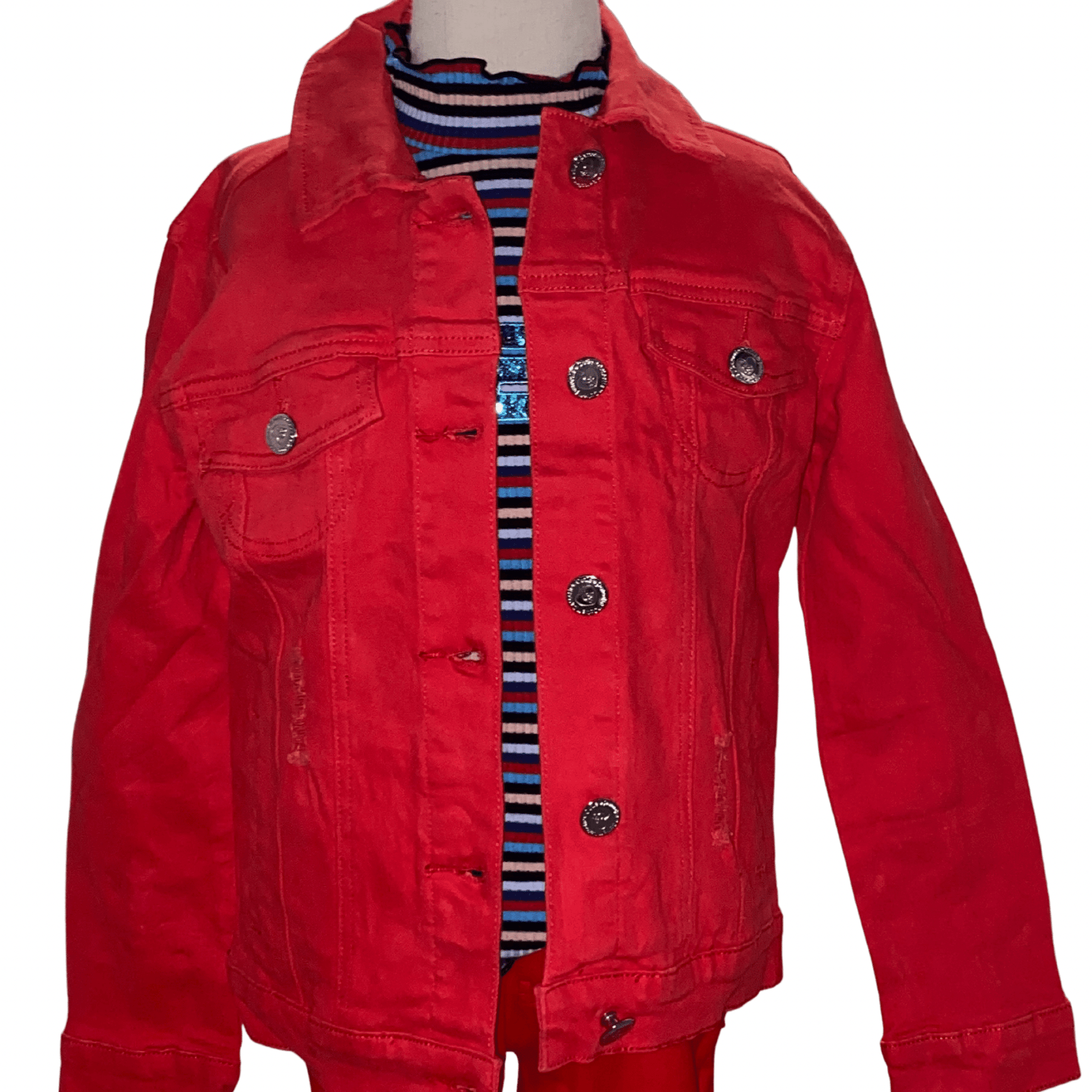 Your little one can showcase her inner diva in this red denim jacket.  This button down jacket is the perfect addition to any wardrobe.
