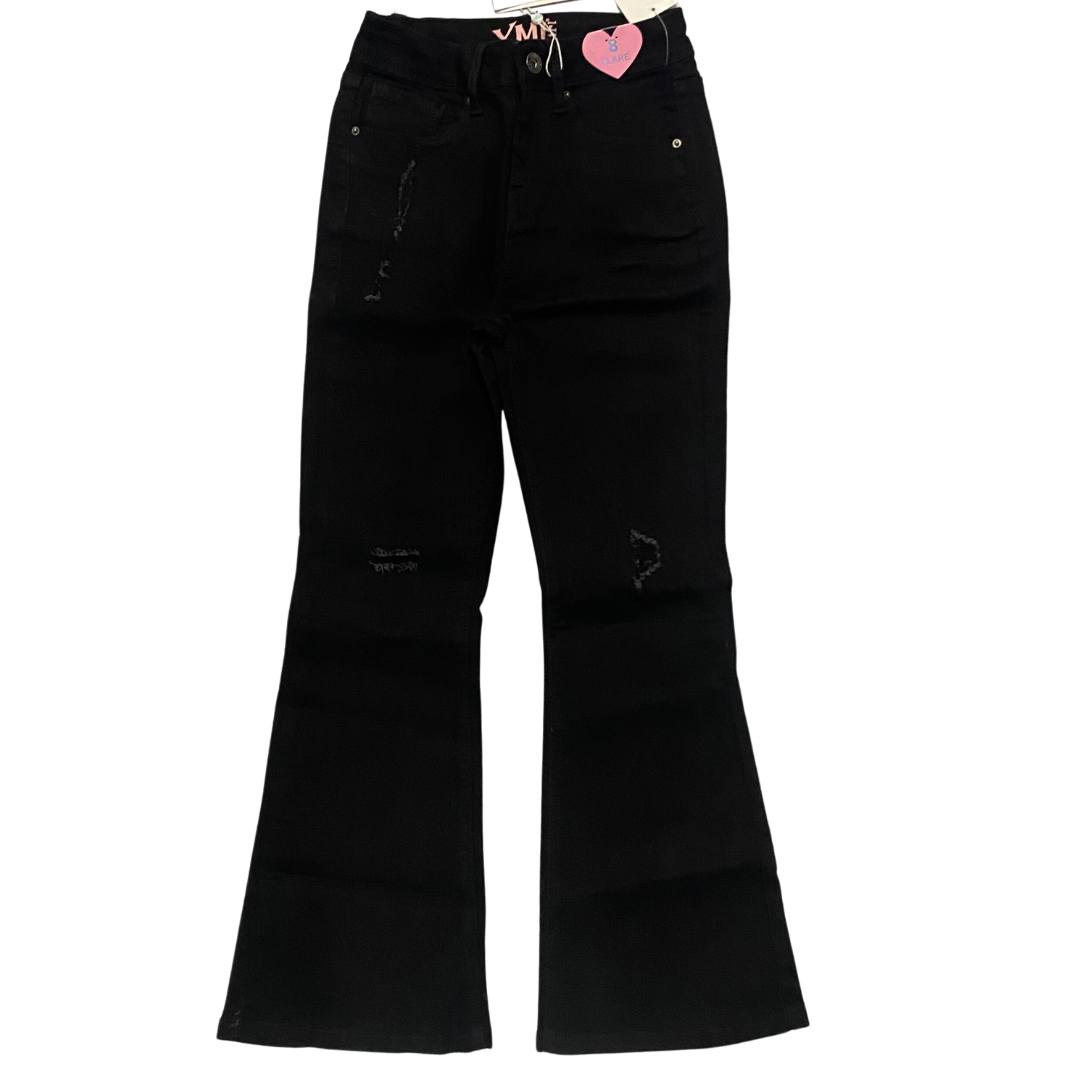 Girl's black jeans with flair at the ankles.