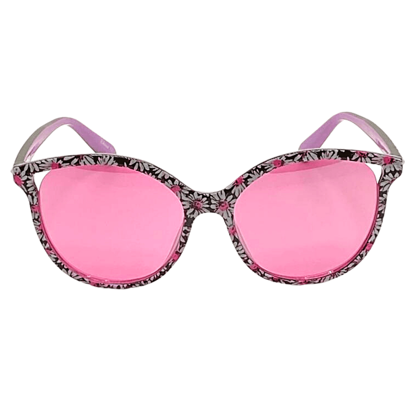 These adorable sunglasses are perfect for summer.  They feature pink lenses in a black frame with white daisies that have pink centers. 