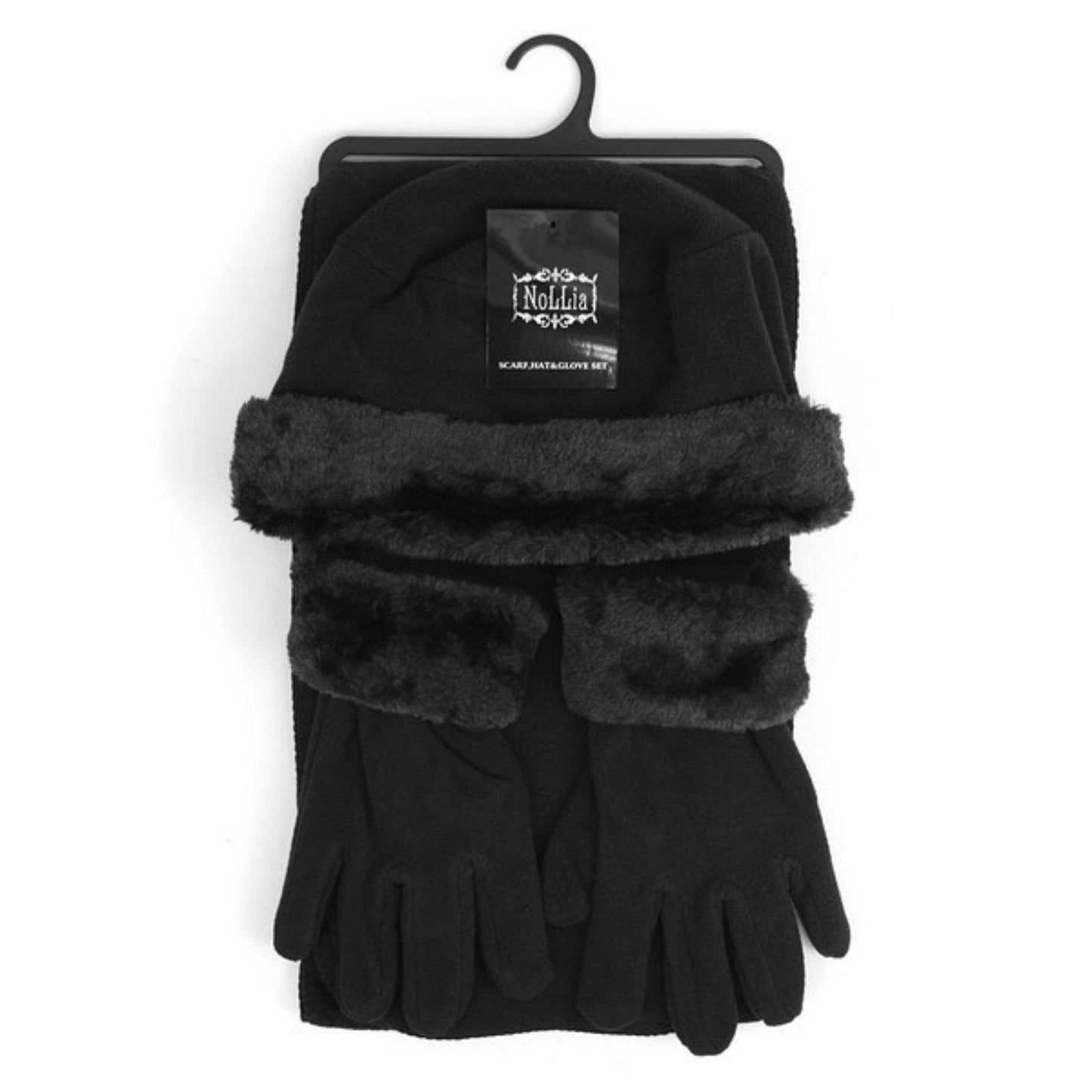 Black hat, scarf, and glove set