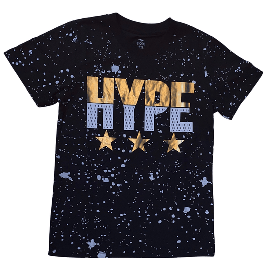 Stand out from the crowd in our Hype Splatter T-shirt.  This black T-shirt has a white splatter design with gold foil screened lettering.  