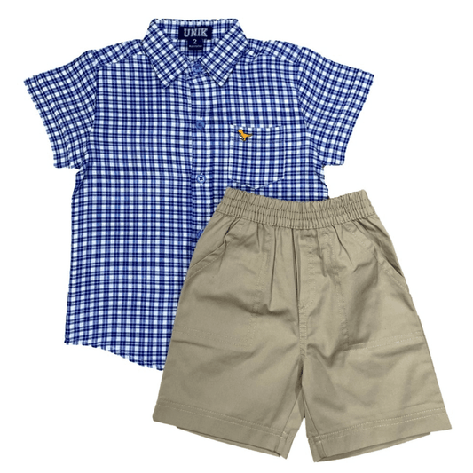 Blue plaid short sleeve button down shirt with embroidered T-rex and khaki colored elastic waist shorts.