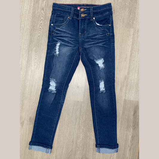 These distressed jeans are perfect for a fall afternoon out with friends.  The jeans feature an adjustable waist with a zipper front and two hooks for closure.  The heart-shaped back pockets are the icing on the cake!
