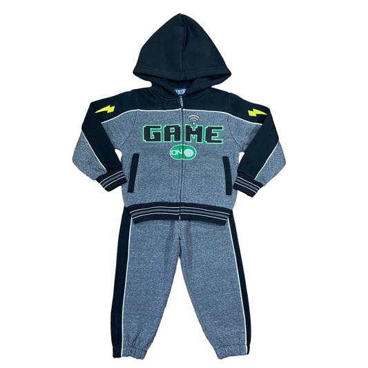Grey and black sweat suit with Game On embroidered on the front.