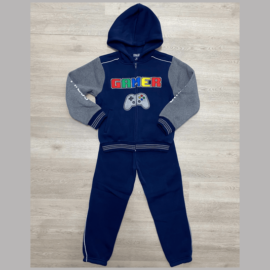 Fun gamer fleece set with hoodie. This colorful and fun set features "Gamer" and a picture of a controller embroidered on the front. It also has embroidered arms with "Push" and "Start". This is a great set for all of the little gamers out there.  This set features a zipper front hoodie and elastic around the ankles. 
