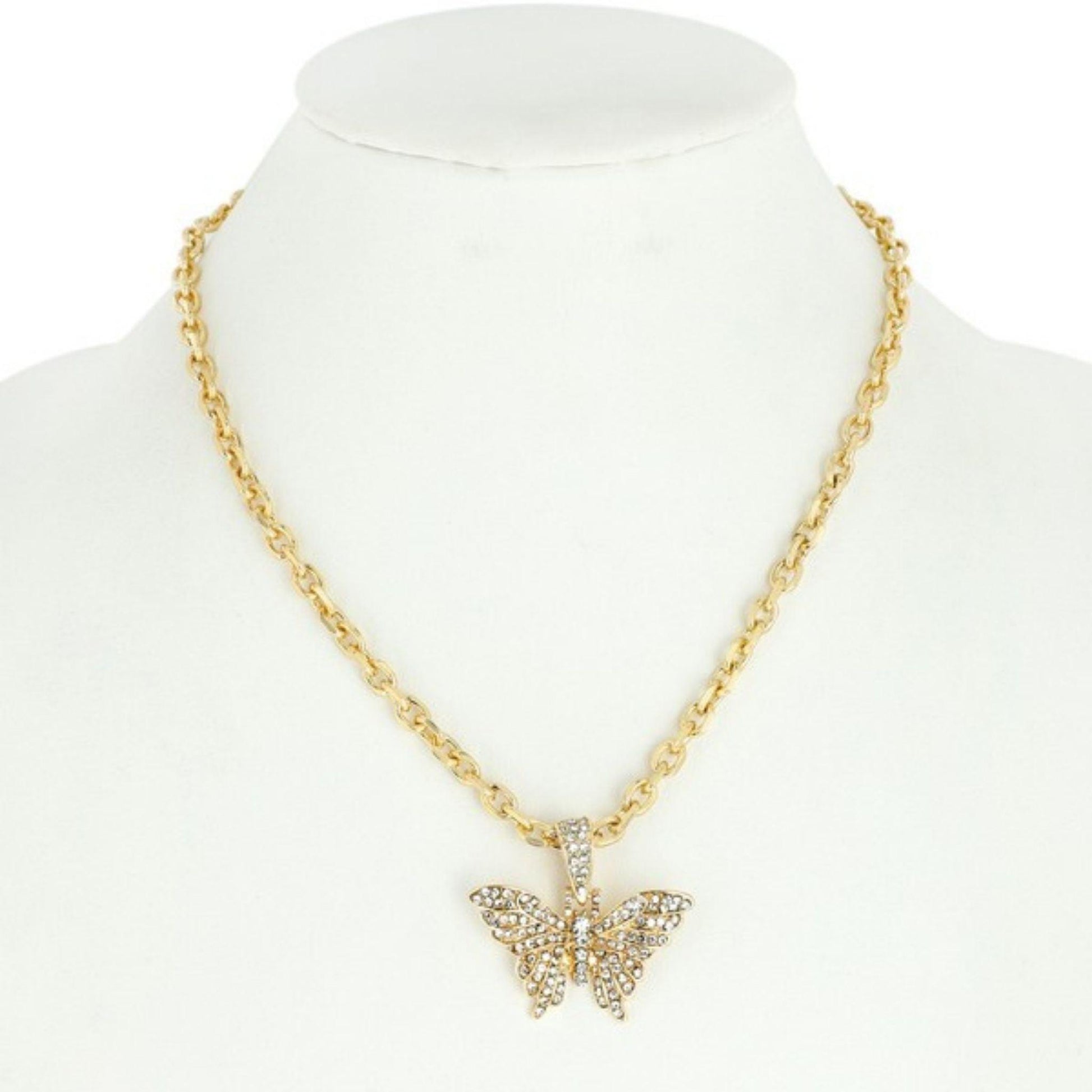 Gold Butterfly Pendant with Clear Rhinestones