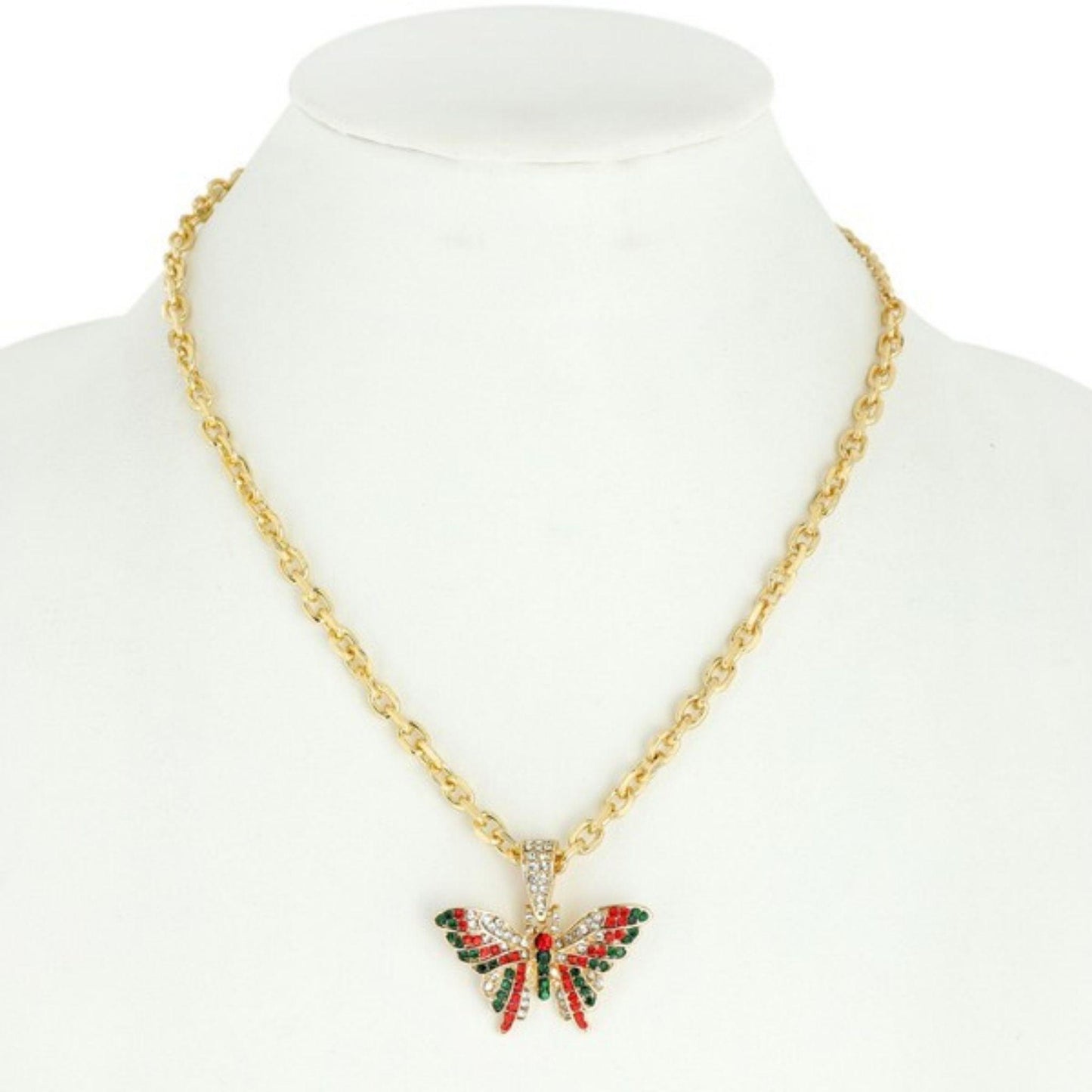Gold Butterfly Pendant with Multi Colored Rhinestones