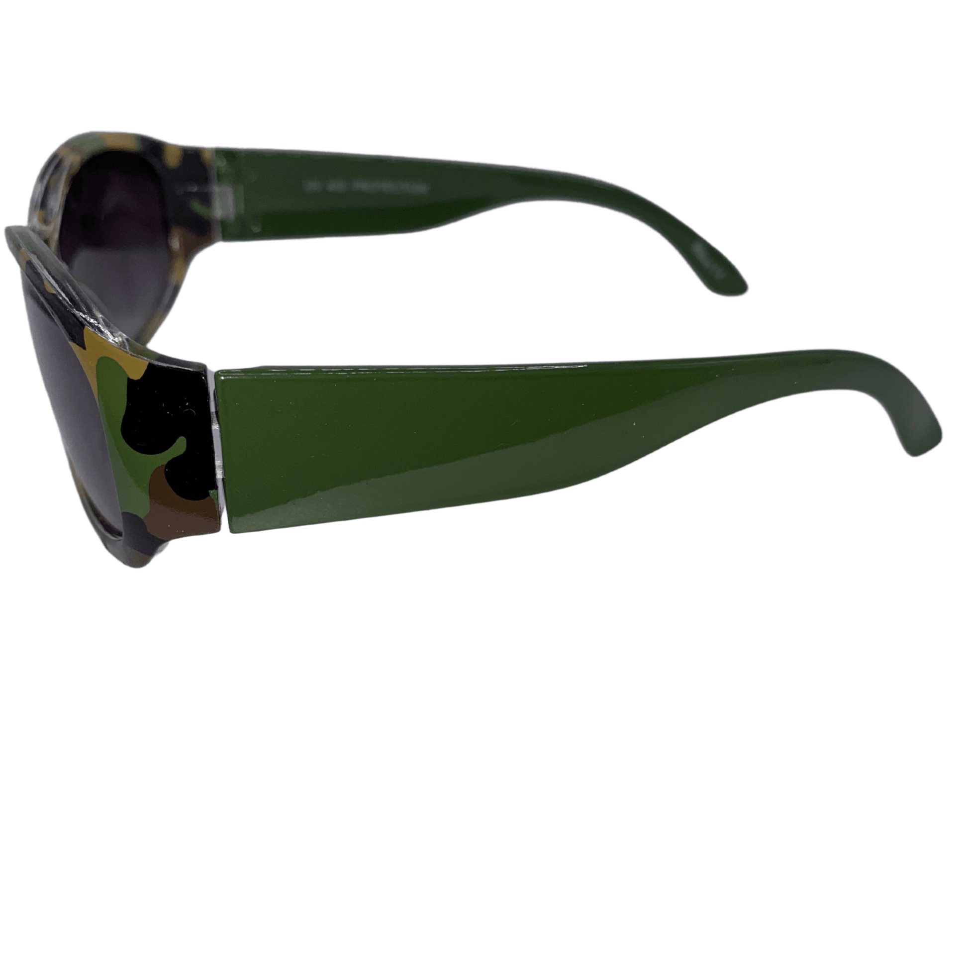 Be ready to block the sun with these green camouflage sunglasses with green arms.
