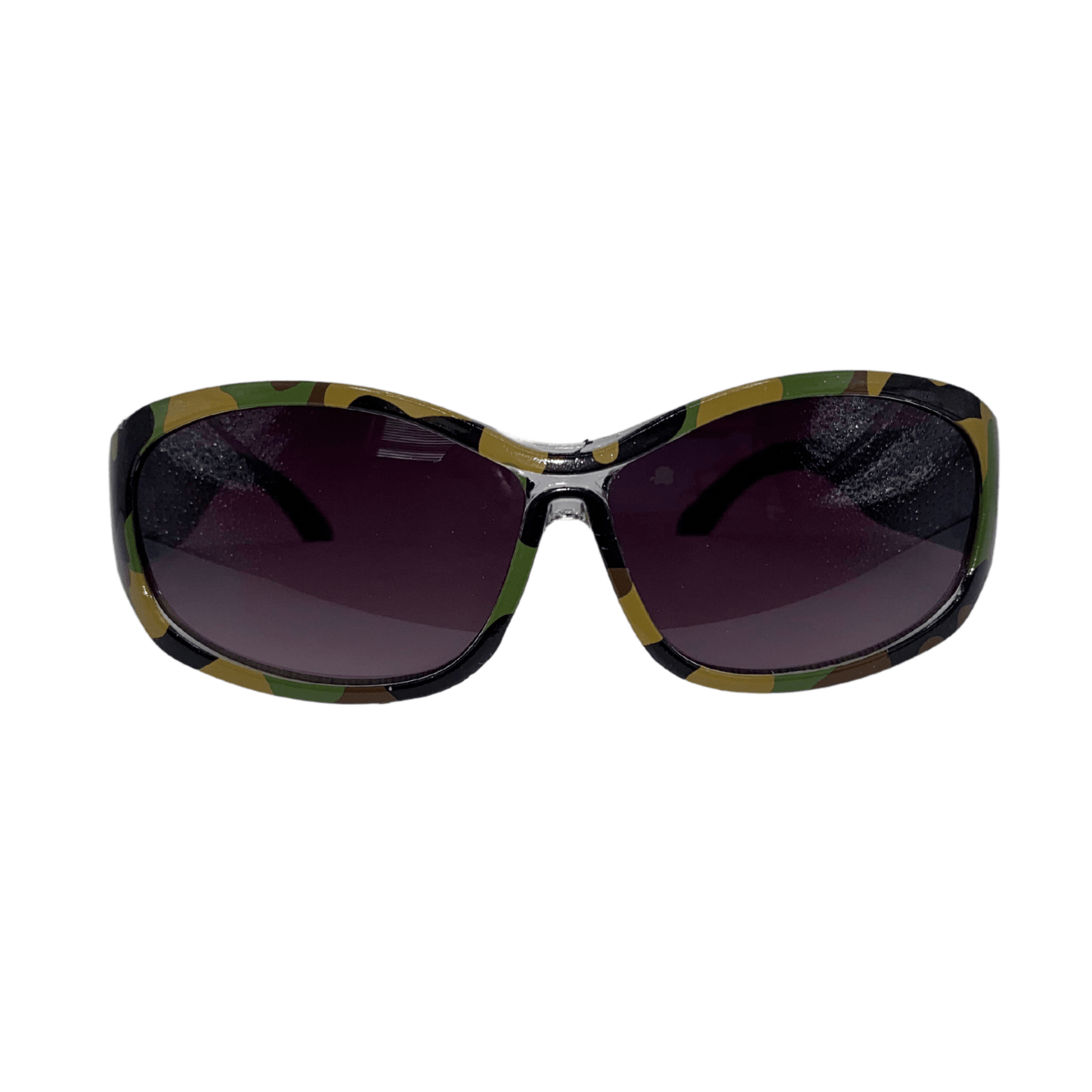 Be ready to block the sun with these green camouflage sunglasses with green arms.