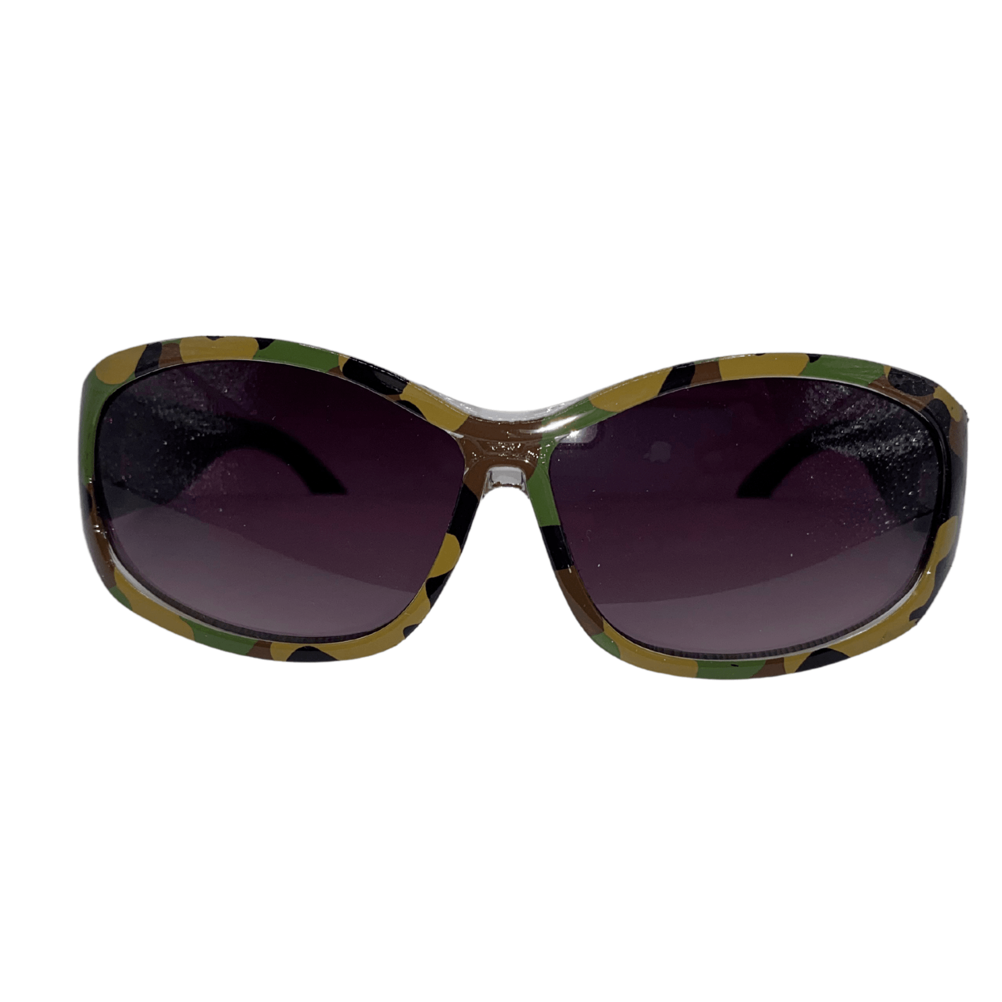 Be ready to block the sun with these green camouflage sunglasses with black arms.