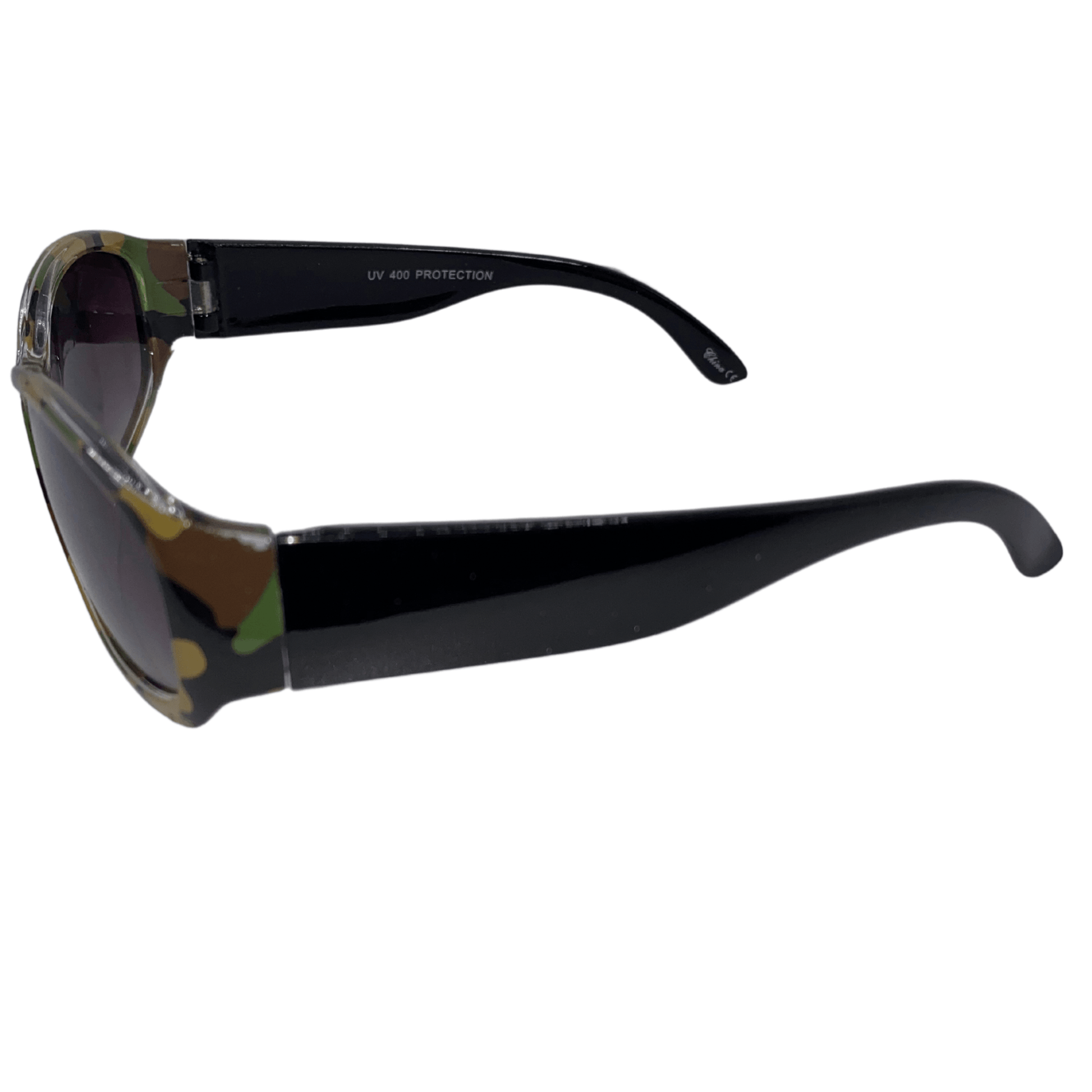 Be ready to block the sun with these green camouflage sunglasses with black arms.