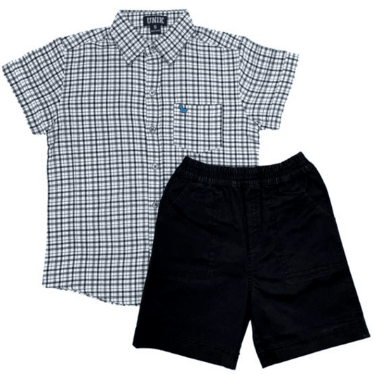 Short sleeve button down gray plaid shirt with embroidered dinosaur on the pocket with cotton elastic waist shorts