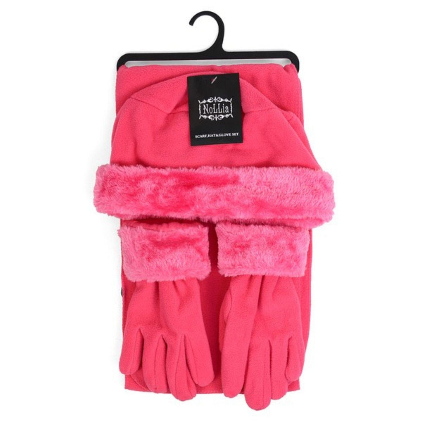 Hot pink hat, scarf, and glove set