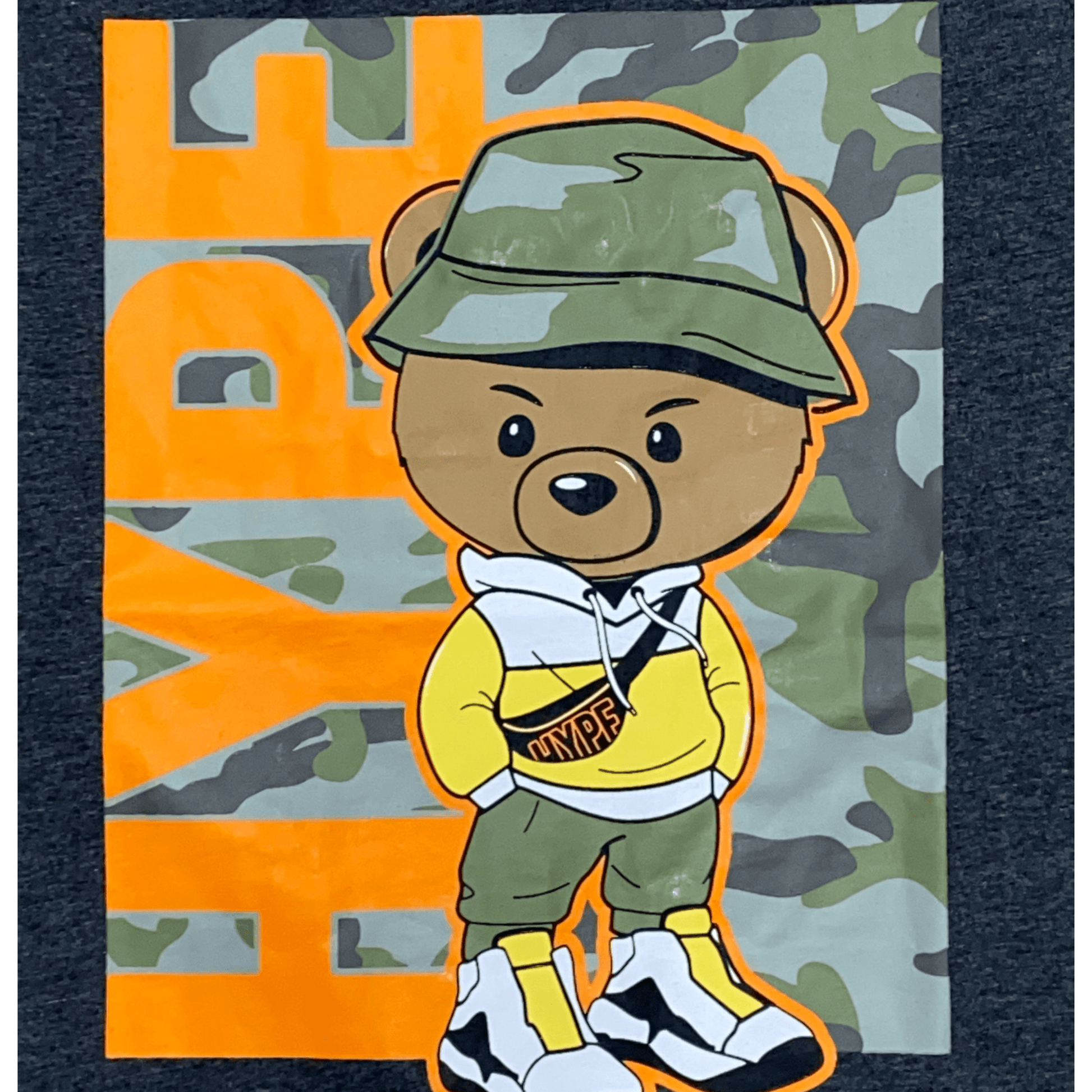 Show off your style with this stylish T-shirt.  This charcoal T-shirt features a screen printed bear with a camouflage background.
