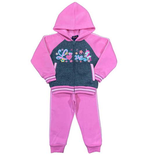 Pink and gray embroidered love sweatsuit with hearts, flowers, and a unicorn.