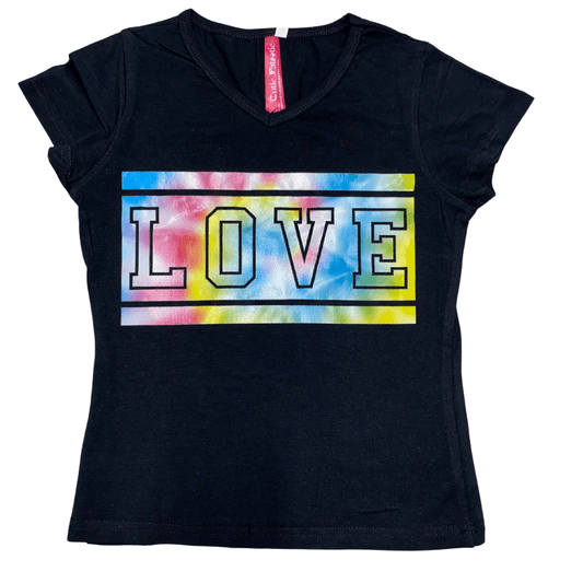 You'll fall in "love" with this graphic T-shirt!  This black graphic T-shirt features the word love with a tie-dye background screen printed on the front.