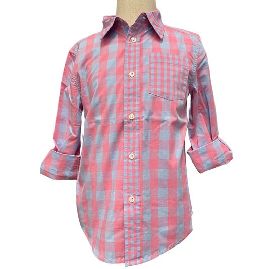 Your child will look sharp for school in this pink and blue plaid shirt.  This long sleeved, button down, collared shirt is perfect to channel your son's inner preppie.