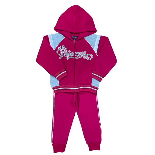 This fushia sweatsuit features the word princess embroidered across the front with a beautiful crown. 