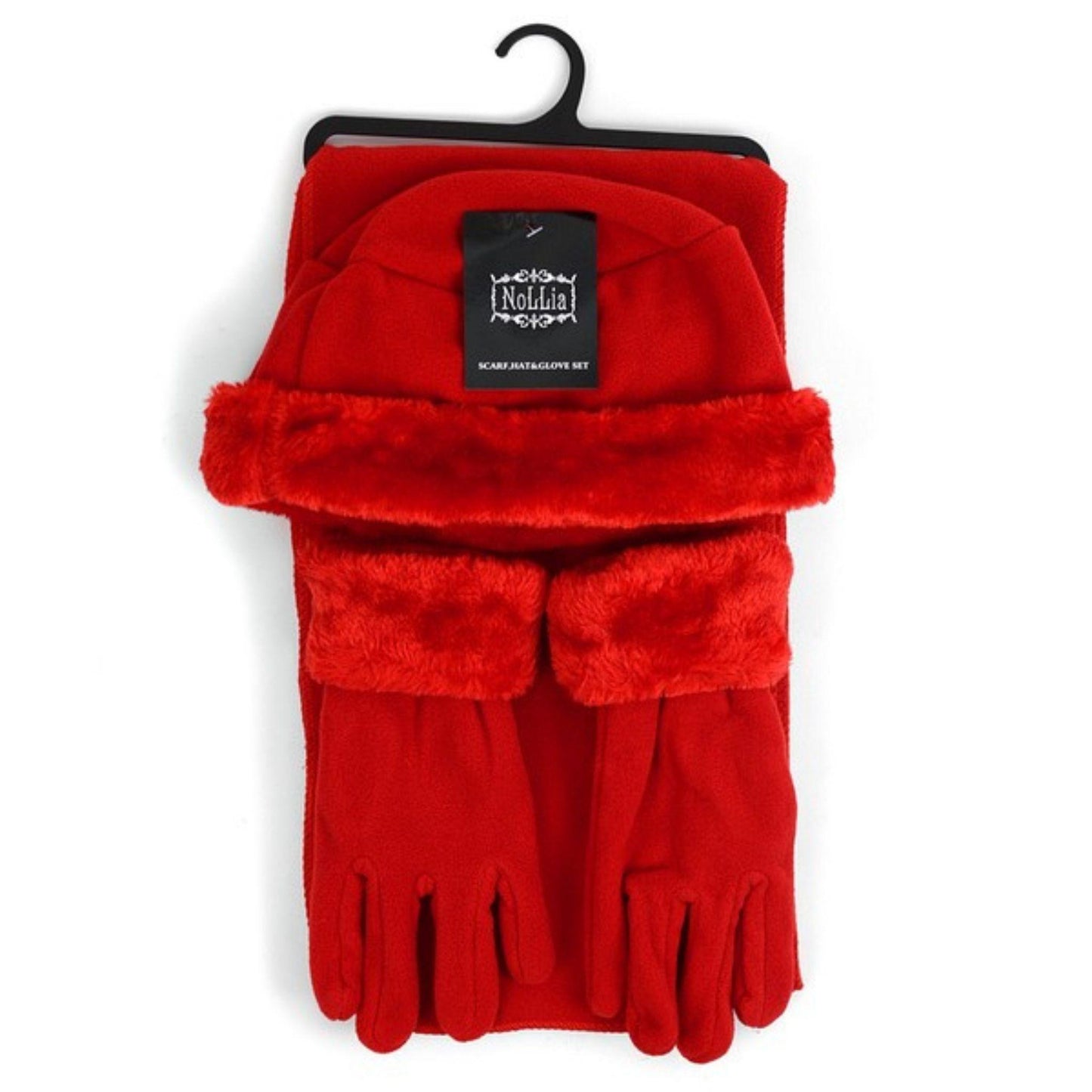 Red hat, glove, and scarf set