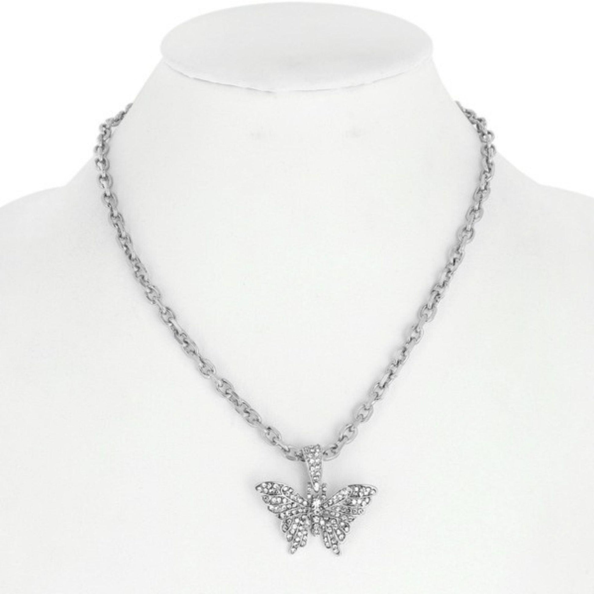 Rhodium Butterfly Pendant with Clear Rhinestones