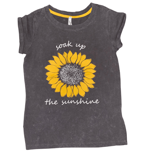 Asphalt colored soak up the sunshine graphic tee with large sunflower printed on the front.