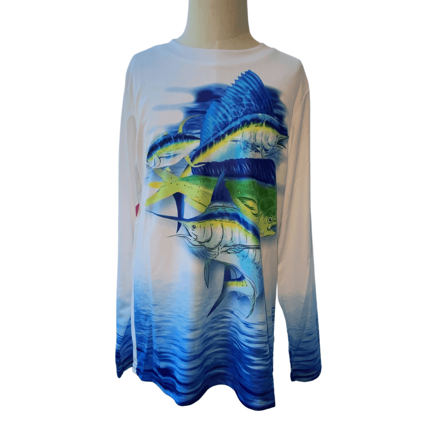 Make a splash with this long sleeve, crew neck T-shirt.  This performance tee features a bright blue swordfish design and a blue water print pattern on the sleeves.  This long sleeve tee is a perfect way to reminisce about summer days as we go into the fall season.