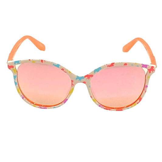 These round, full-framed, white and coral unicorn sunglasses are just what your princess needs for summer. 